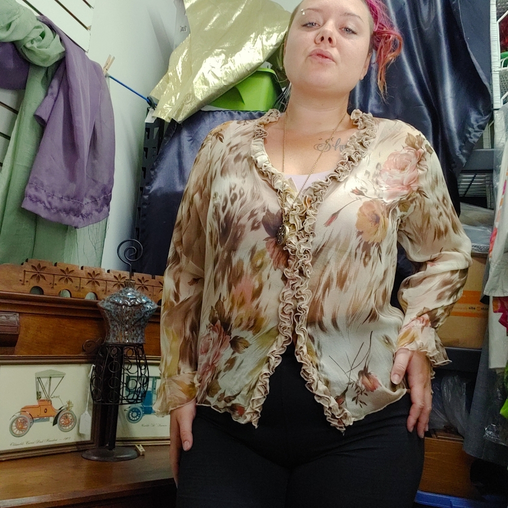 TESS STUDIO WOMAN | y2k sheer thin brown cream ruffle silk long sleeve top 1X